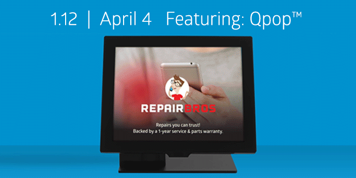 Gif of a POS system displaying RepairQ 1.12 with Qpop features