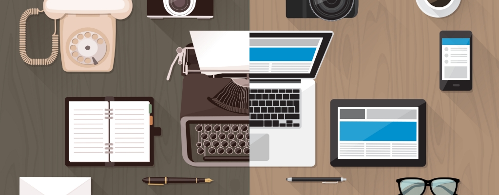 Illustration of typewriter, laptop, tablet, telephone and mobile device